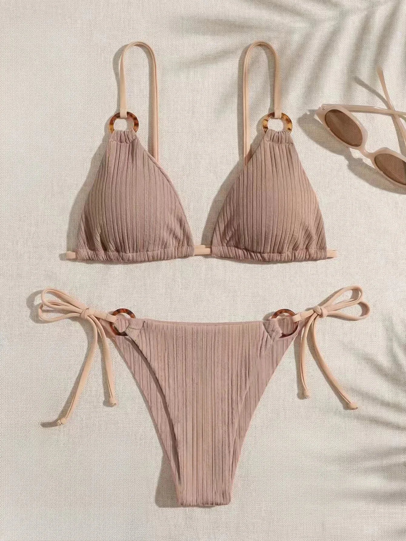 Women's Padded Three-point Bikini Set Solid Color Spaghetti Strap Hoop Sexy Swimsuit Two-piece Swimwear Wireless Bathing Suit