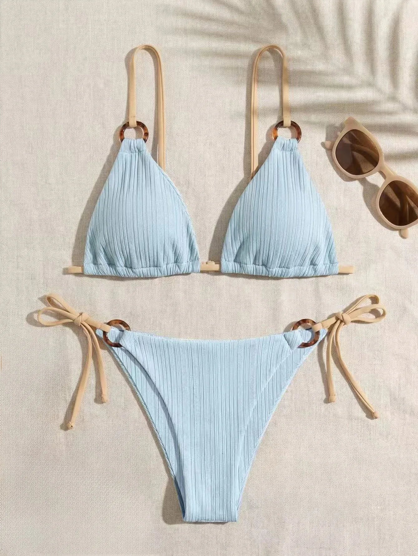 Women's Padded Three-point Bikini Set Solid Color Spaghetti Strap Hoop Sexy Swimsuit Two-piece Swimwear Wireless Bathing Suit