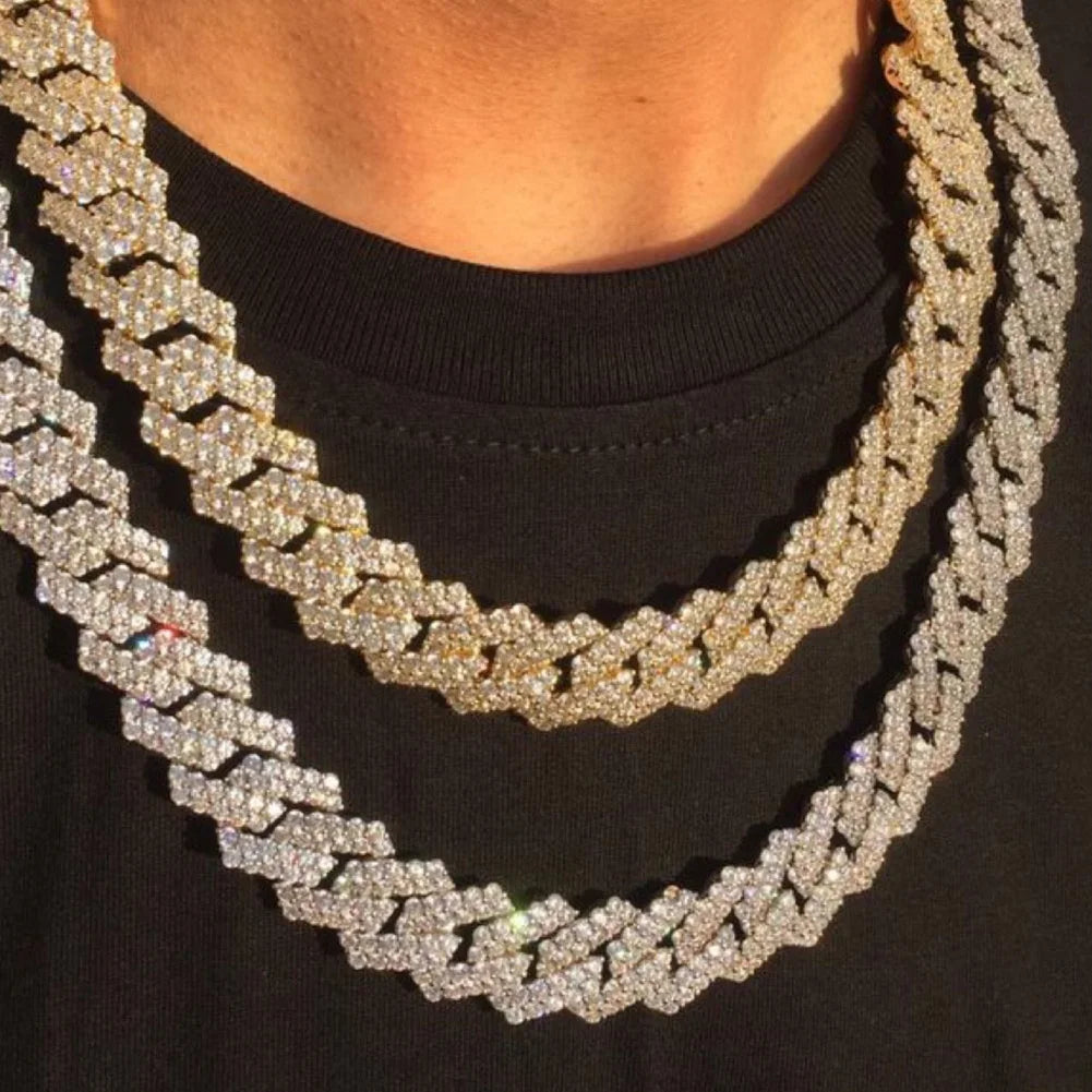 14mm Iced Out  Prong Cuban Link Chain Necklace for Men Women 2 Row Rhinestone Paved Miami Rhombus Hip Hop Jewelry Wholesale