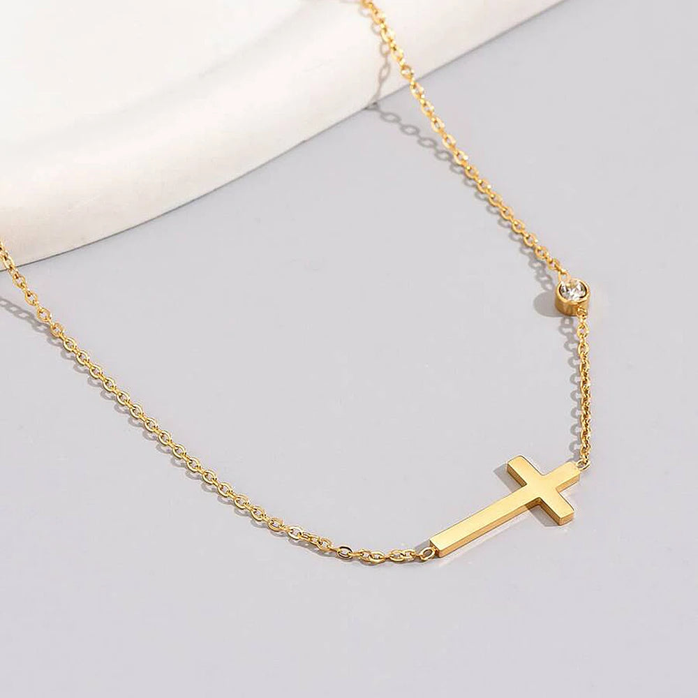 DGIDDK Stainless Steel Necklace Cross Pendant Necklace Rhinestone Light Luxury Exquisite Necklace Women's Jewelry