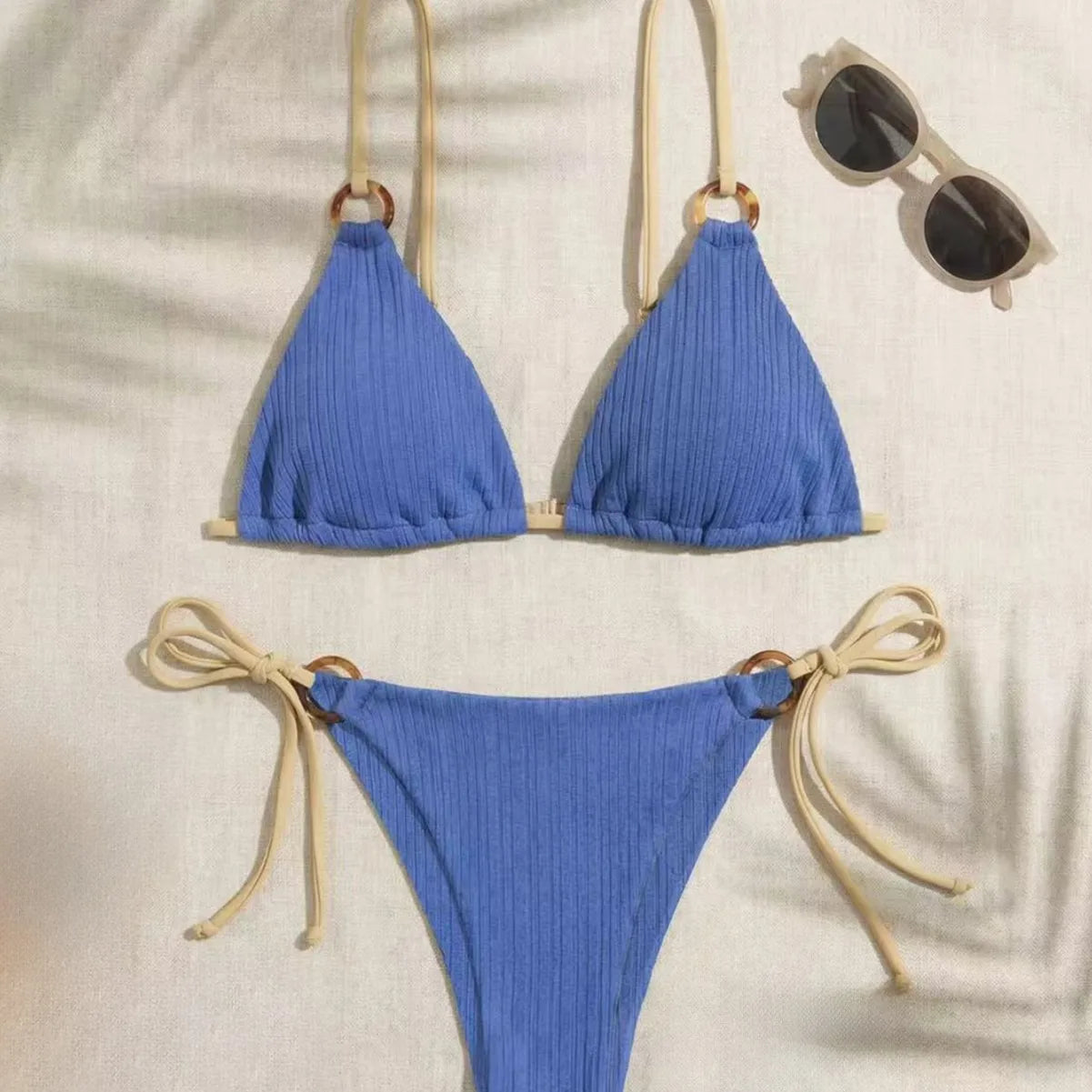 Women's Padded Three-point Bikini Set Solid Color Spaghetti Strap Hoop Sexy Swimsuit Two-piece Swimwear Wireless Bathing Suit