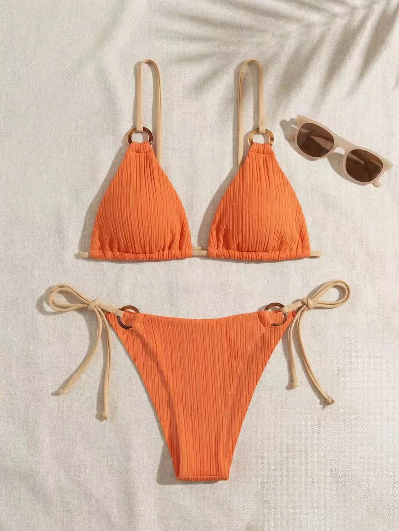 Women's Padded Three-point Bikini Set Solid Color Spaghetti Strap Hoop Sexy Swimsuit Two-piece Swimwear Wireless Bathing Suit