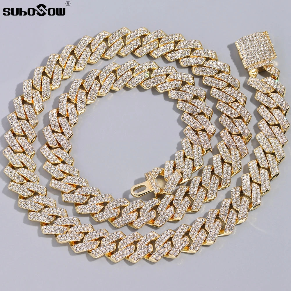 14mm Iced Out  Prong Cuban Link Chain Necklace for Men Women 2 Row Rhinestone Paved Miami Rhombus Hip Hop Jewelry Wholesale