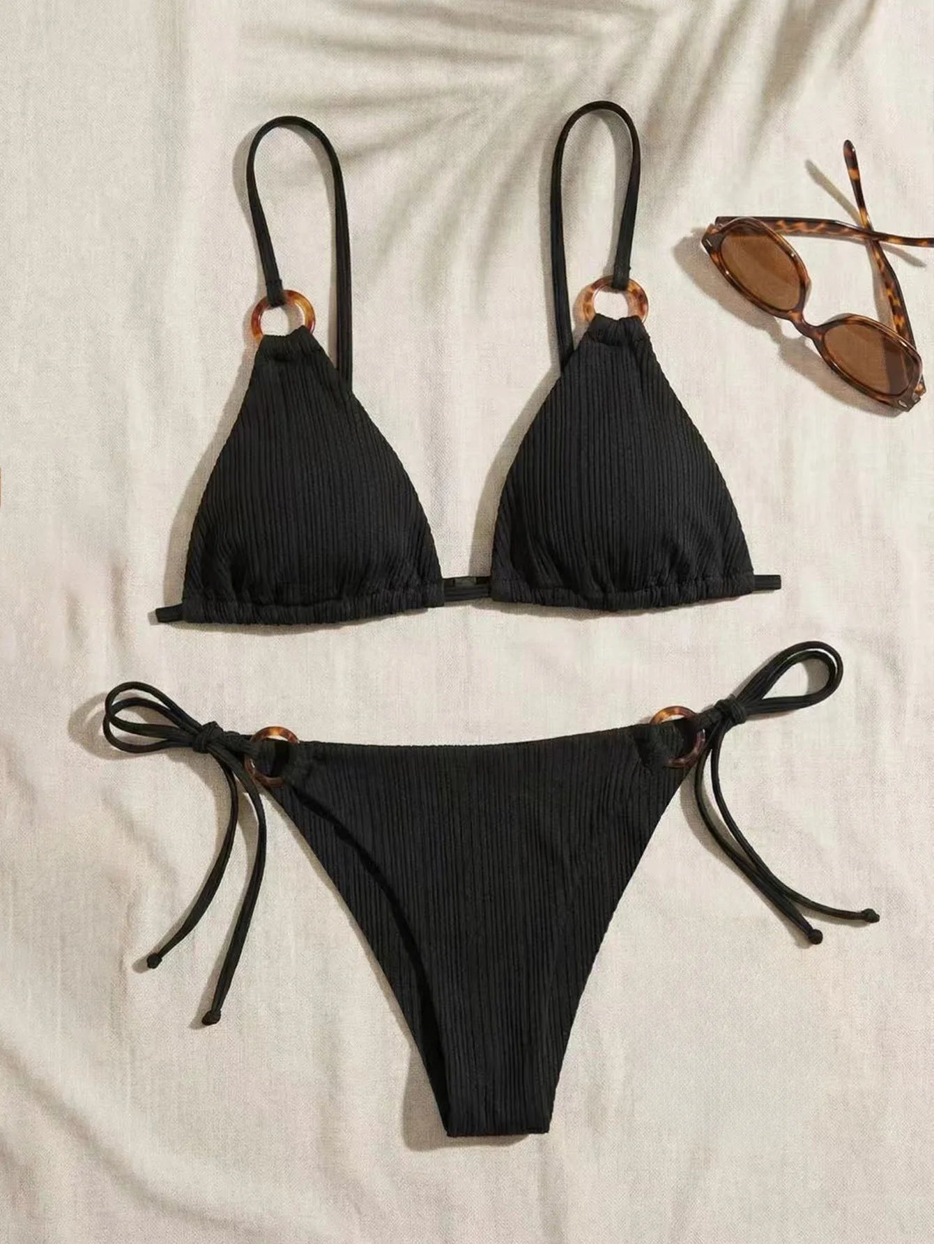 Women's Padded Three-point Bikini Set Solid Color Spaghetti Strap Hoop Sexy Swimsuit Two-piece Swimwear Wireless Bathing Suit
