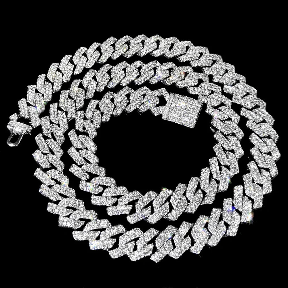 14mm Iced Out  Prong Cuban Link Chain Necklace for Men Women 2 Row Rhinestone Paved Miami Rhombus Hip Hop Jewelry Wholesale
