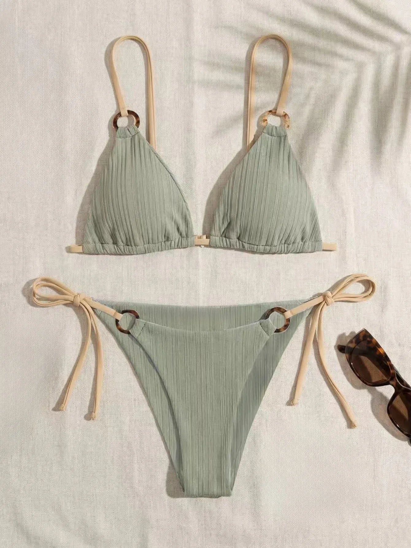 Women's Padded Three-point Bikini Set Solid Color Spaghetti Strap Hoop Sexy Swimsuit Two-piece Swimwear Wireless Bathing Suit