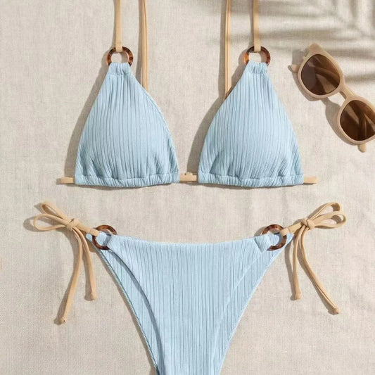 Women's Padded Three-point Bikini Set Solid Color Spaghetti Strap Hoop Sexy Swimsuit Two-piece Swimwear Wireless Bathing Suit