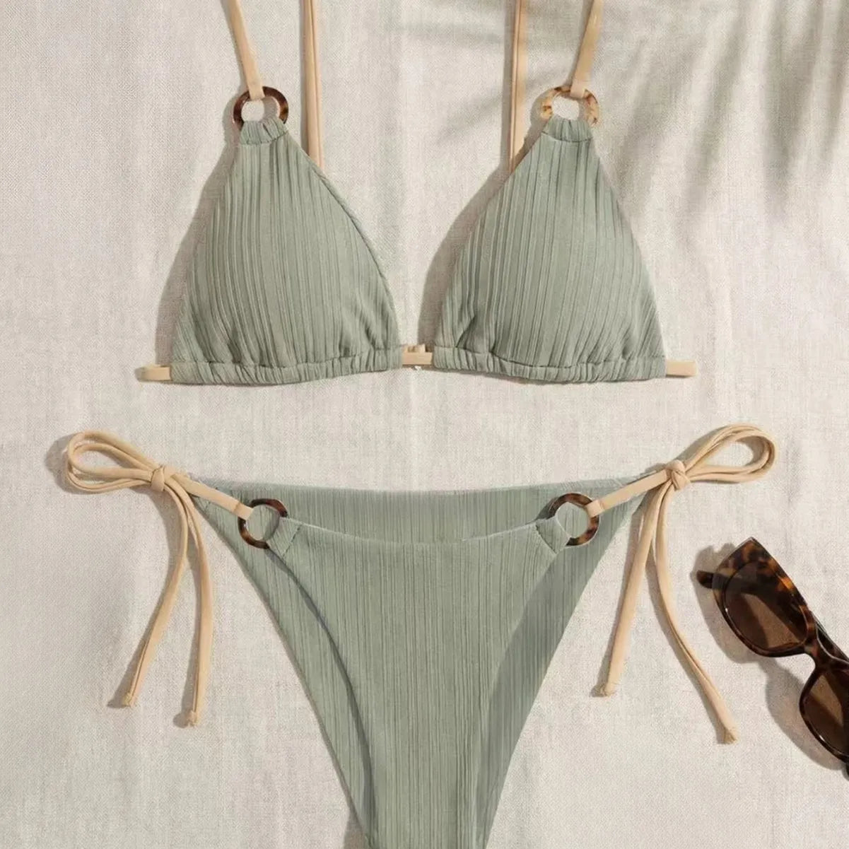 Women's Padded Three-point Bikini Set Solid Color Spaghetti Strap Hoop Sexy Swimsuit Two-piece Swimwear Wireless Bathing Suit