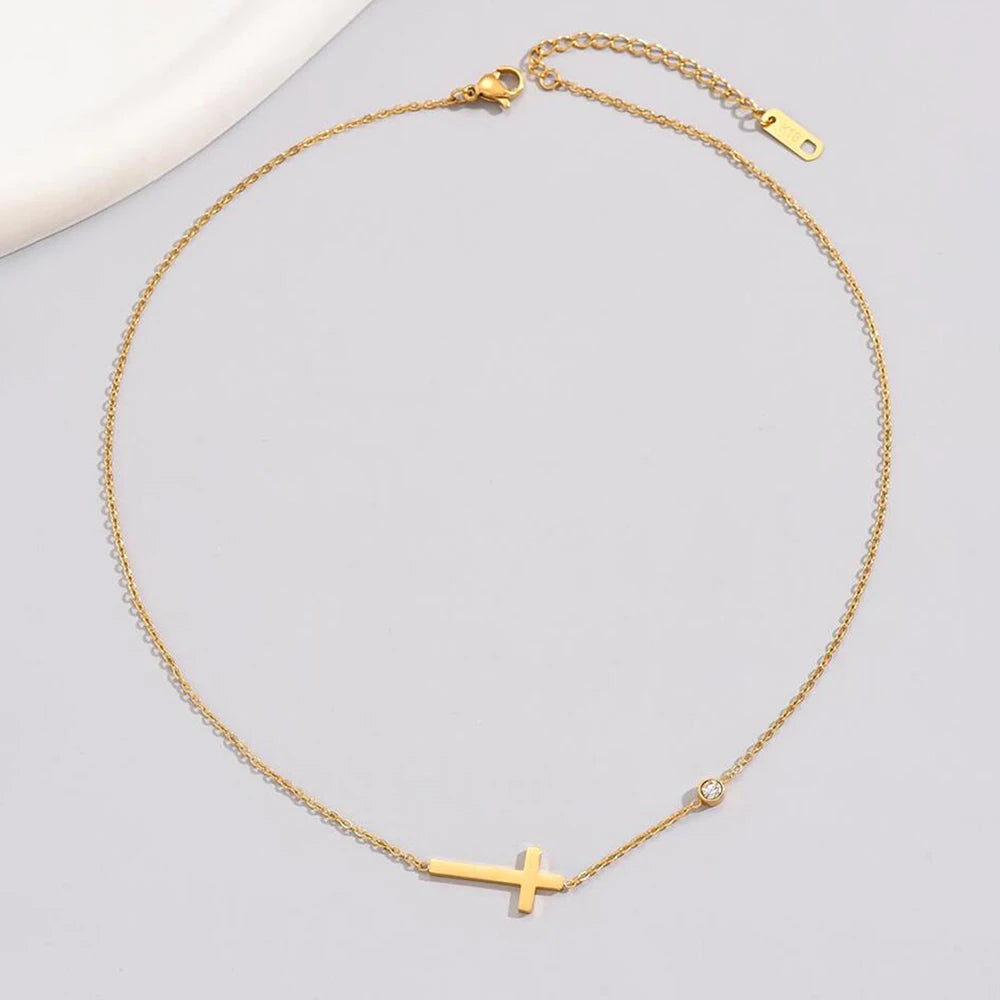 DGIDDK Stainless Steel Necklace Cross Pendant Necklace Rhinestone Light Luxury Exquisite Necklace Women's Jewelry
