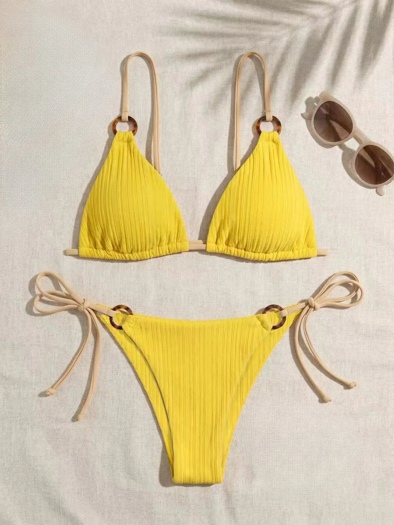 Women's Padded Three-point Bikini Set Solid Color Spaghetti Strap Hoop Sexy Swimsuit Two-piece Swimwear Wireless Bathing Suit