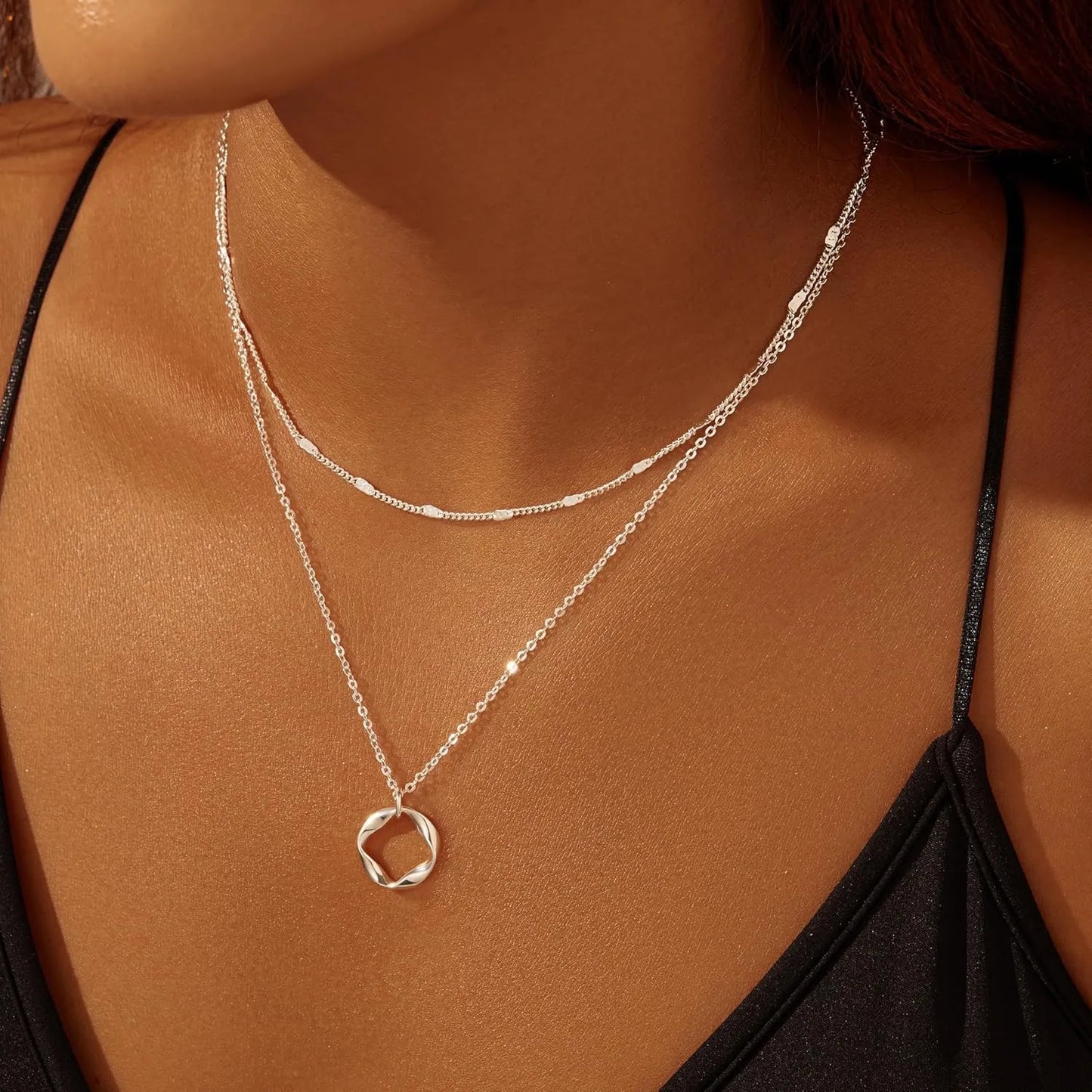 Layered 14K Gold Plated Necklaces for Women Stackable Silver Plated Circle Paperclip Chain Pendant Choker Necklace Set For Woman