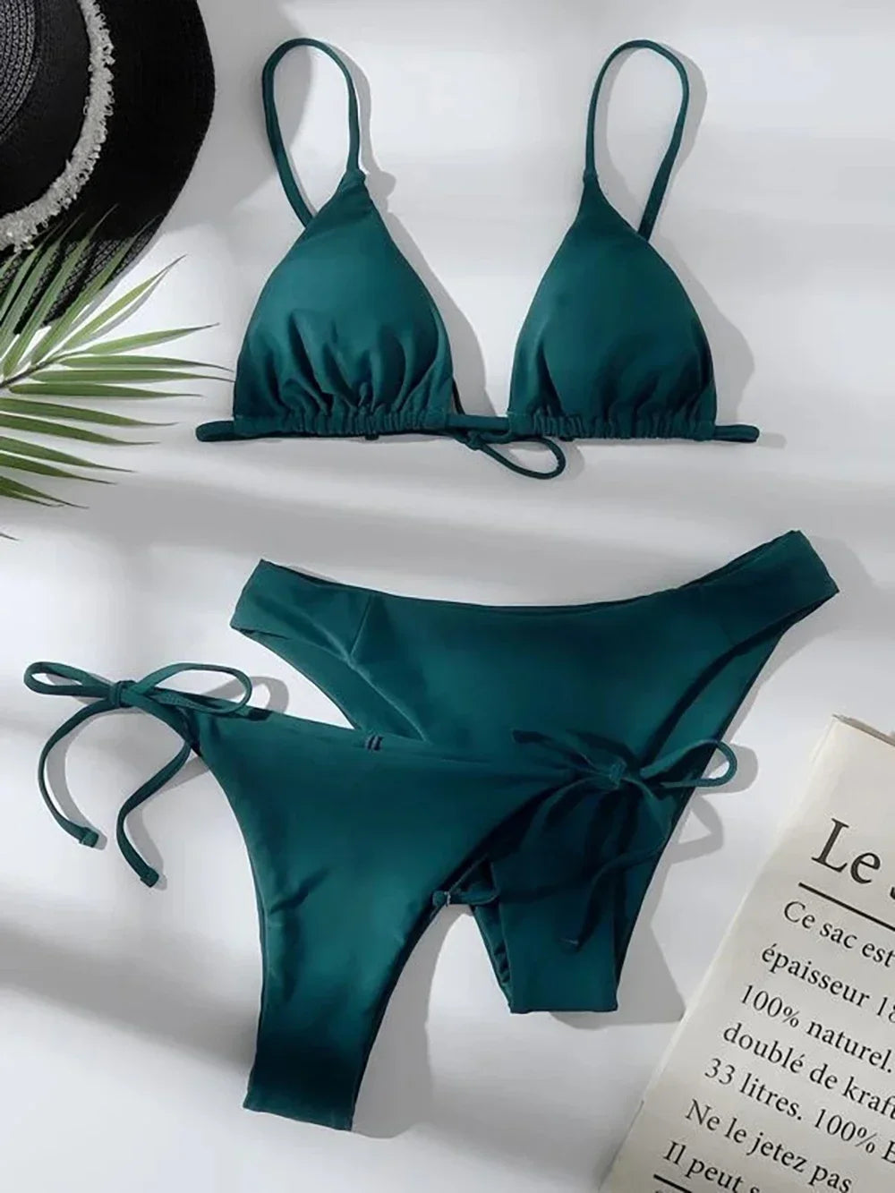 Sexy Solid 3 piece Bikini Set Women's Halter Lace Up Low Waist Swimsuit Triangle Thong Tie On Side Swimwear Brazilian Biquinis