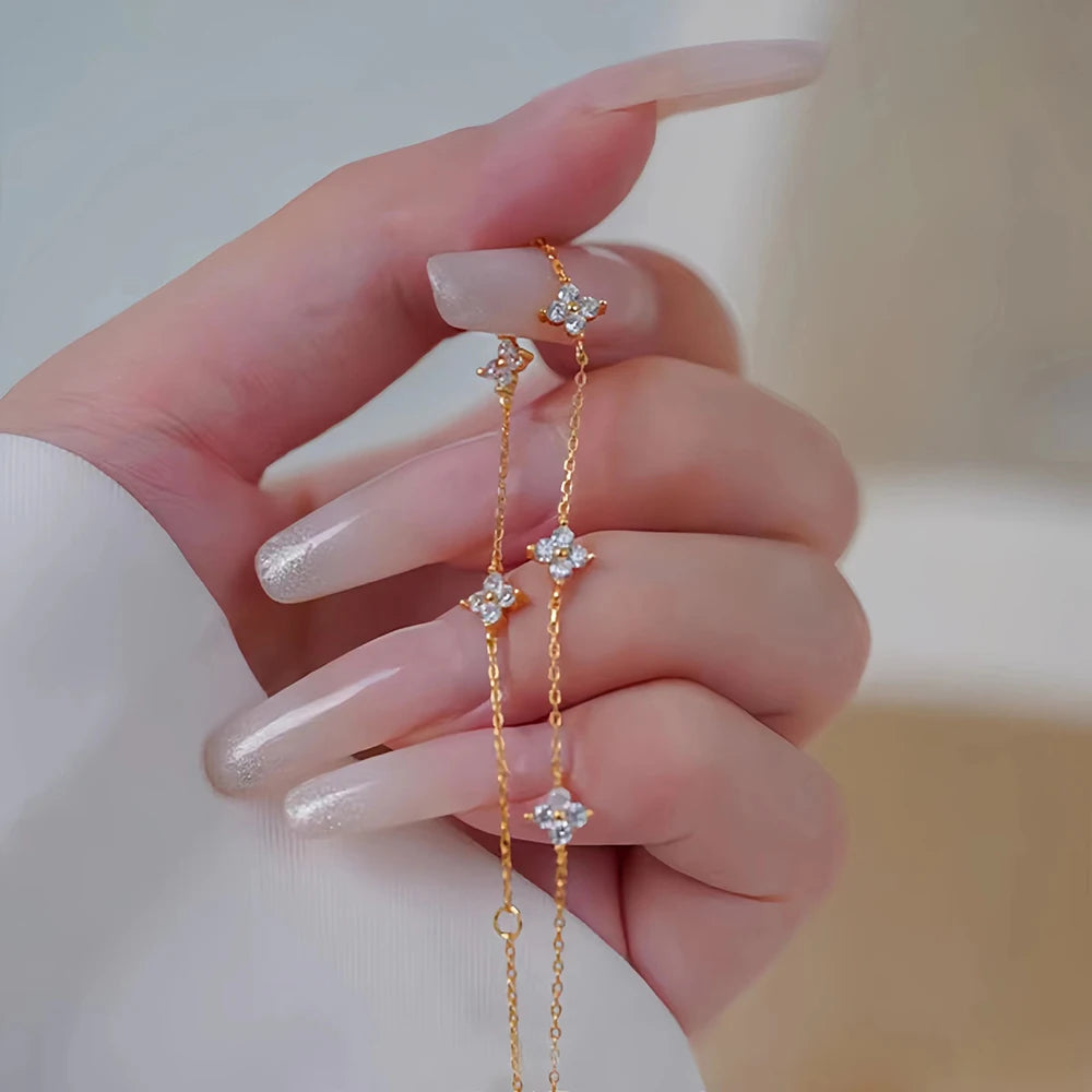 New Stainless Steel Zircon Necklaces for Women 18K Gold Plated Four Leaf Grass Collar Chain Necklace Luxury Jewelry Gift