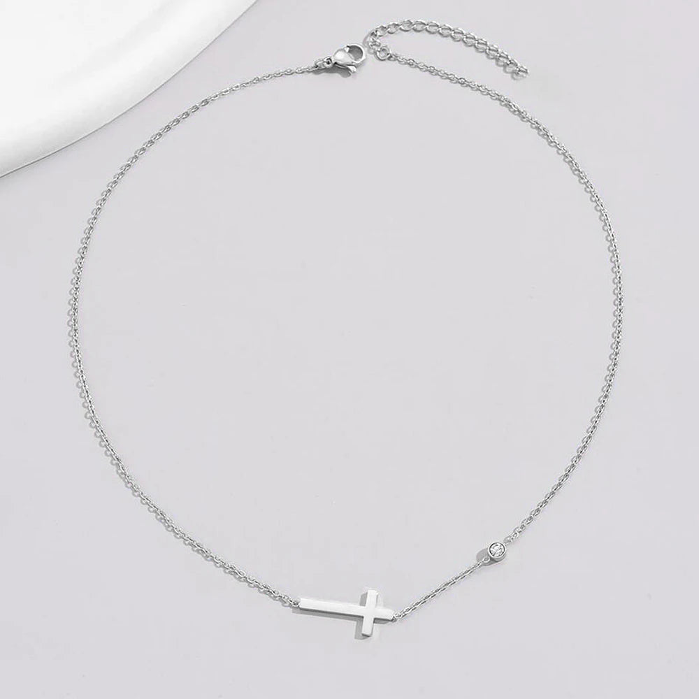DGIDDK Stainless Steel Necklace Cross Pendant Necklace Rhinestone Light Luxury Exquisite Necklace Women's Jewelry