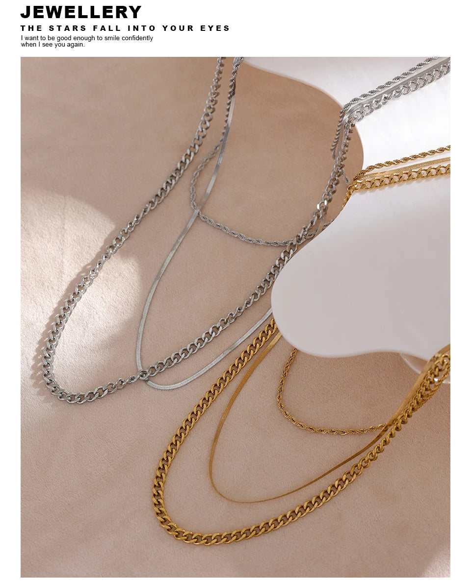 Yhpup Stainless Steel Chain Layered Necklace Separated Set for Women Statement Golden Metalic Waterproof Collar Necklace Jewelry