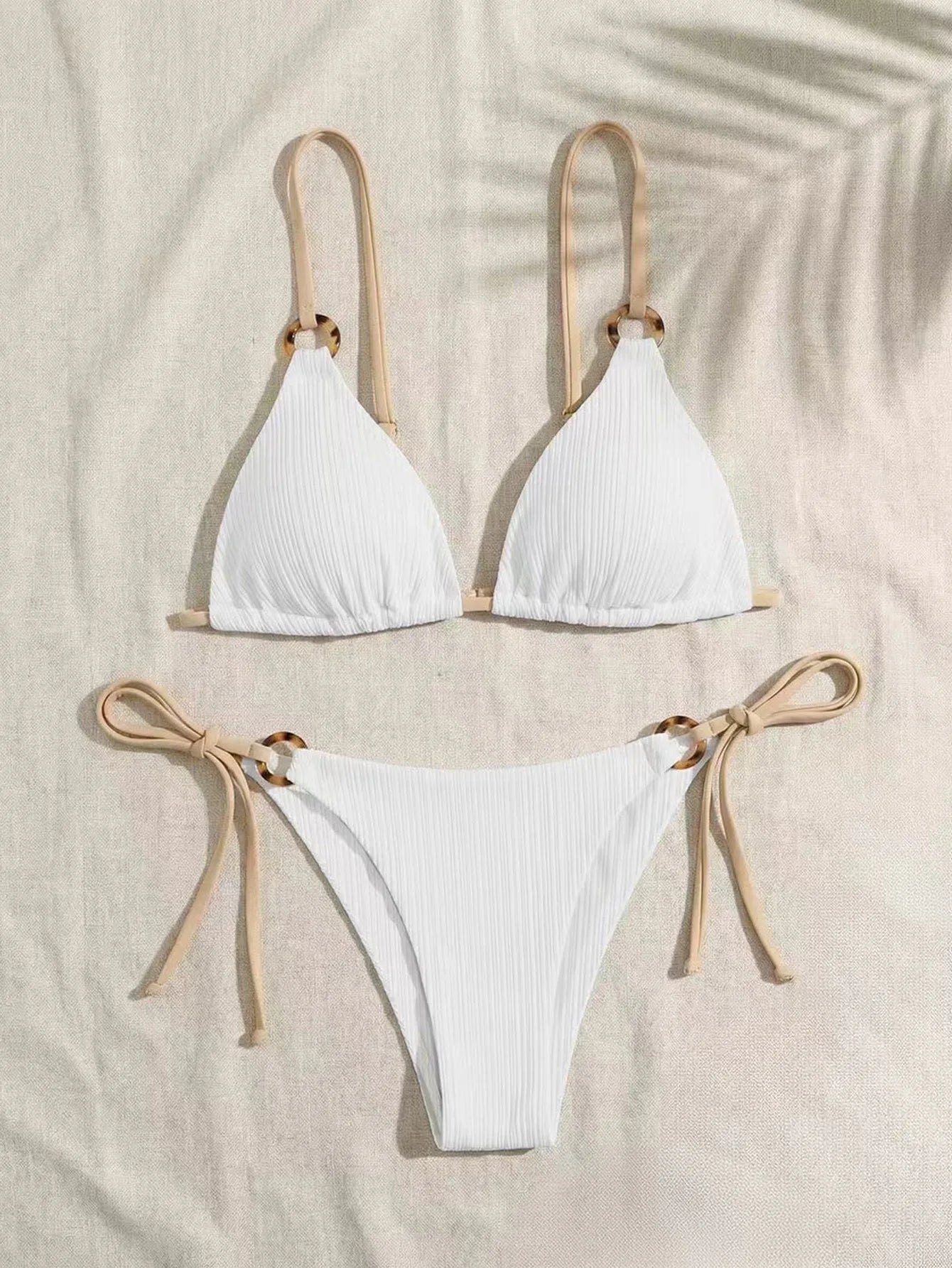 Women's Padded Three-point Bikini Set Solid Color Spaghetti Strap Hoop Sexy Swimsuit Two-piece Swimwear Wireless Bathing Suit