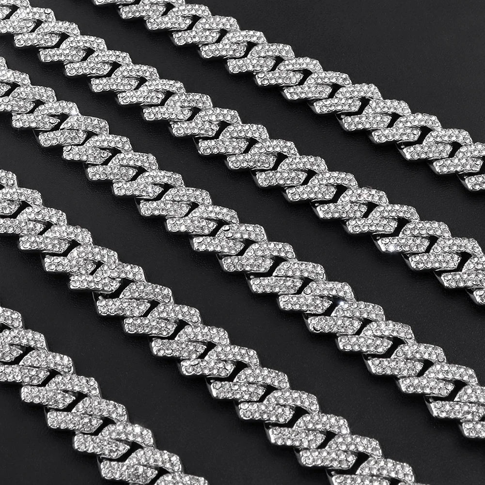 14mm Iced Out  Prong Cuban Link Chain Necklace for Men Women 2 Row Rhinestone Paved Miami Rhombus Hip Hop Jewelry Wholesale